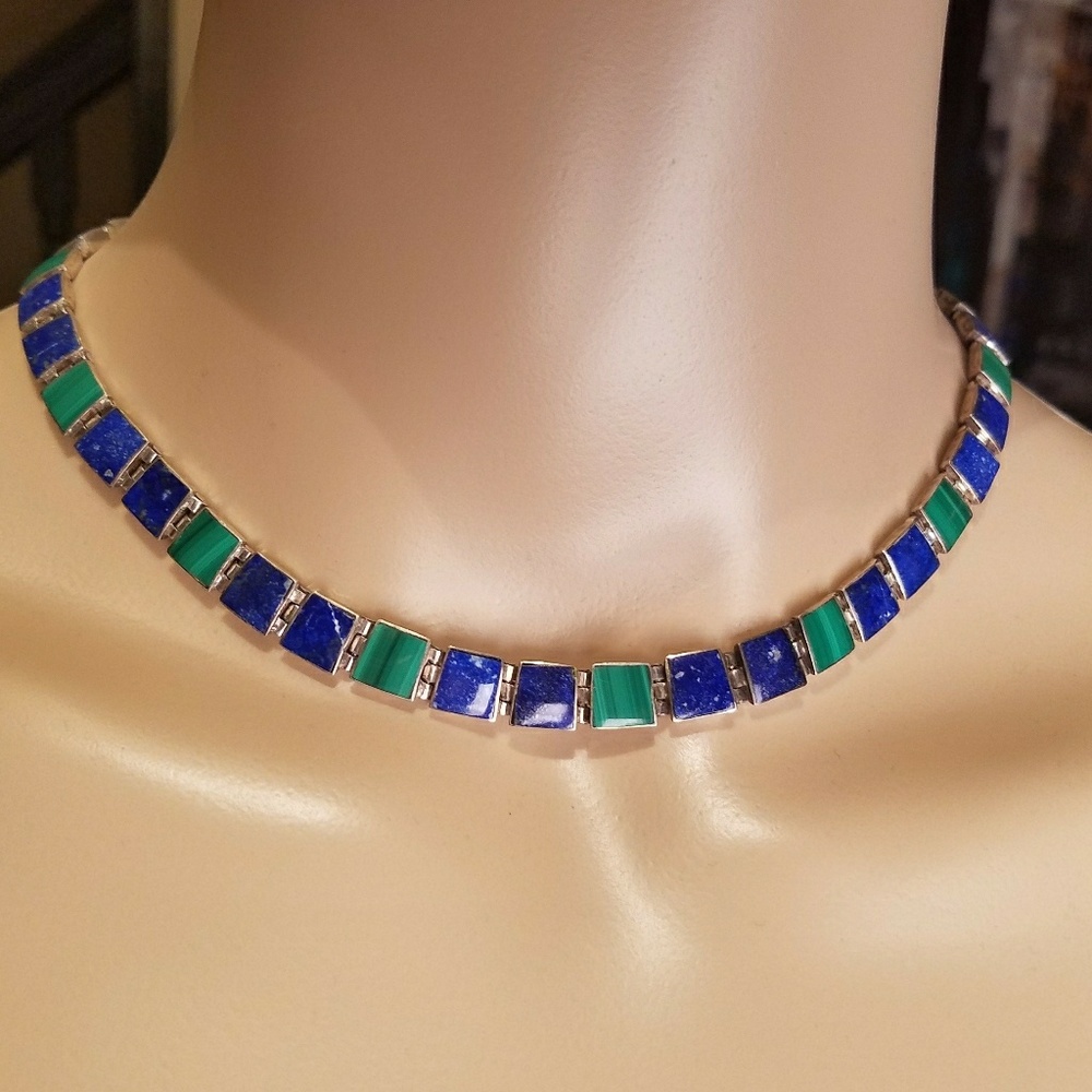Lapis/Malachite silver Necklace. "Nefertiti style"